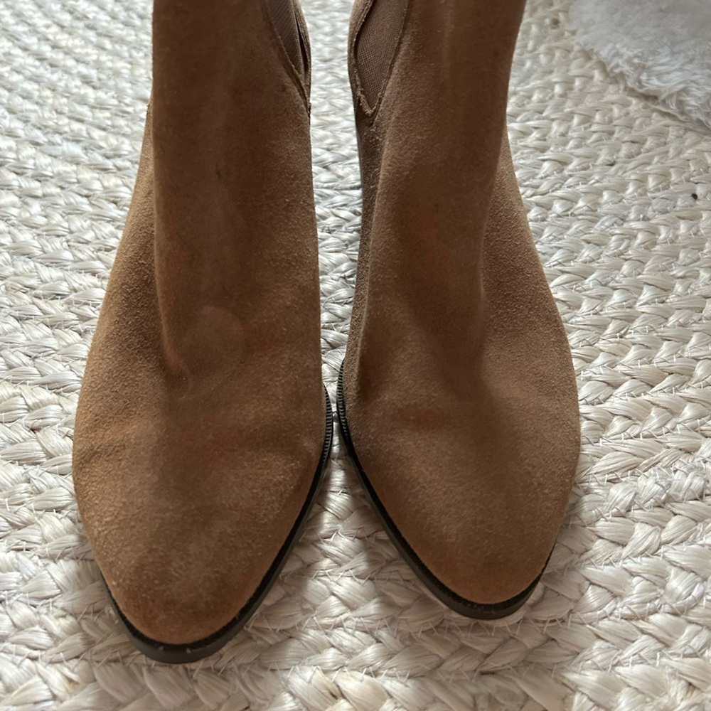 Anne Klein booties boots women’s suede leather upper ankle heel 8 beige tan li - Picture 5 of 10